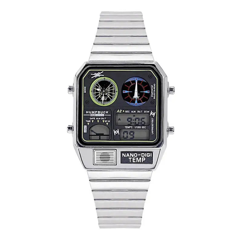 Silver digital watch with a white background