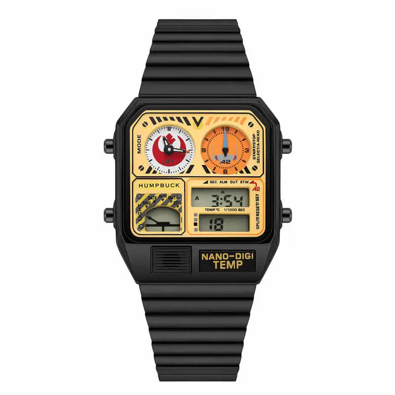 Black digital watch with a unique face design on a white background