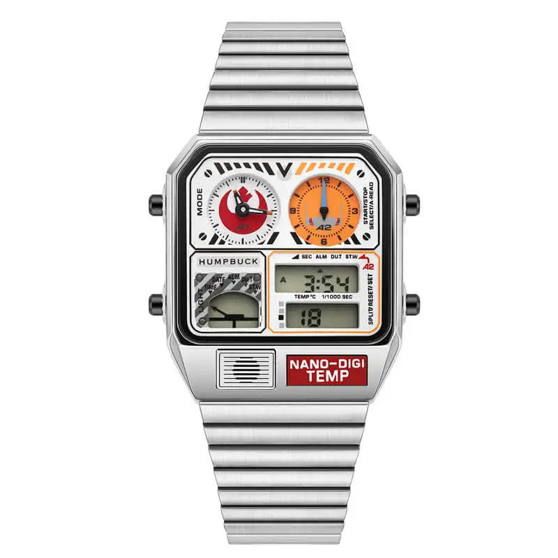 Wristwatch with a silver band and digital display on a white background