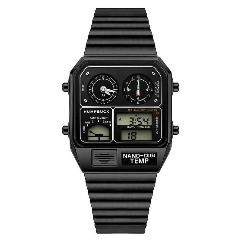 Black digital watch with multiple display options on a white background