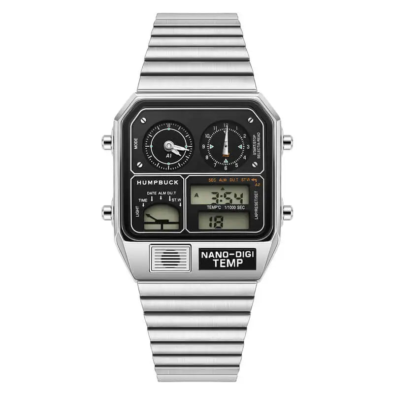 Silver wristwatch with a digital and analog display on a white background
