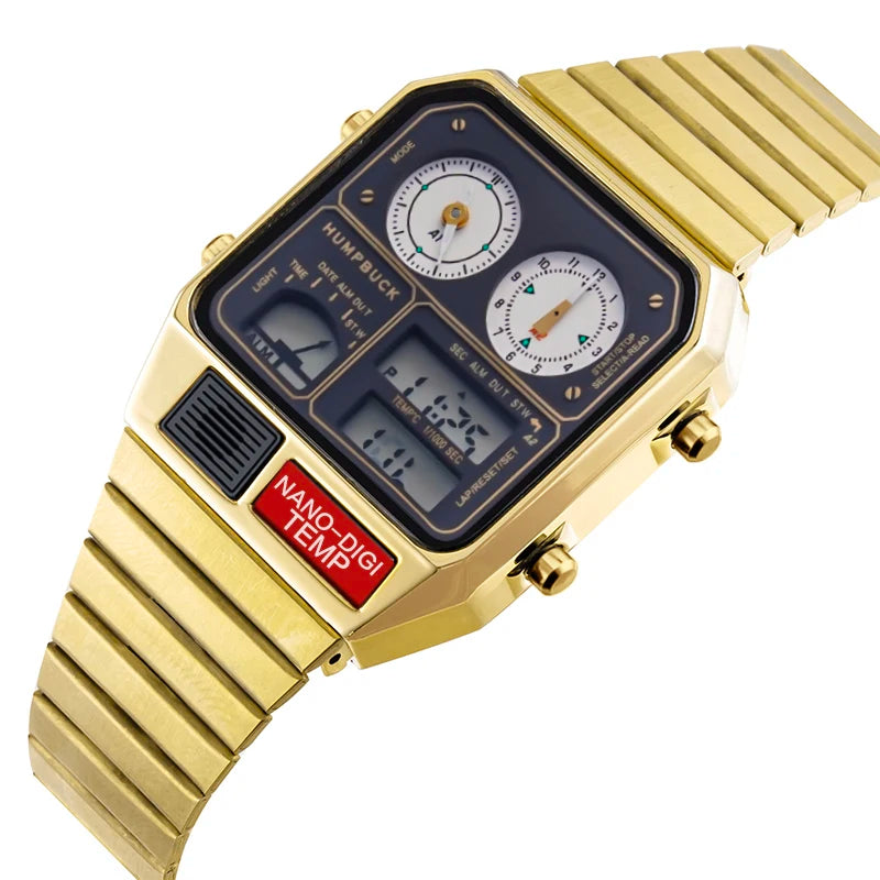 Gold wristwatch with digital and analog display on a white background