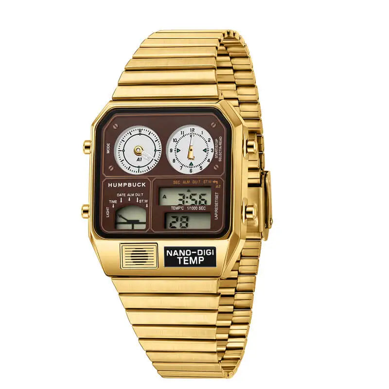 Gold wristwatch with a detailed face on a white background