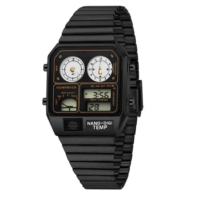 Black digital watch with multiple display options on a white background