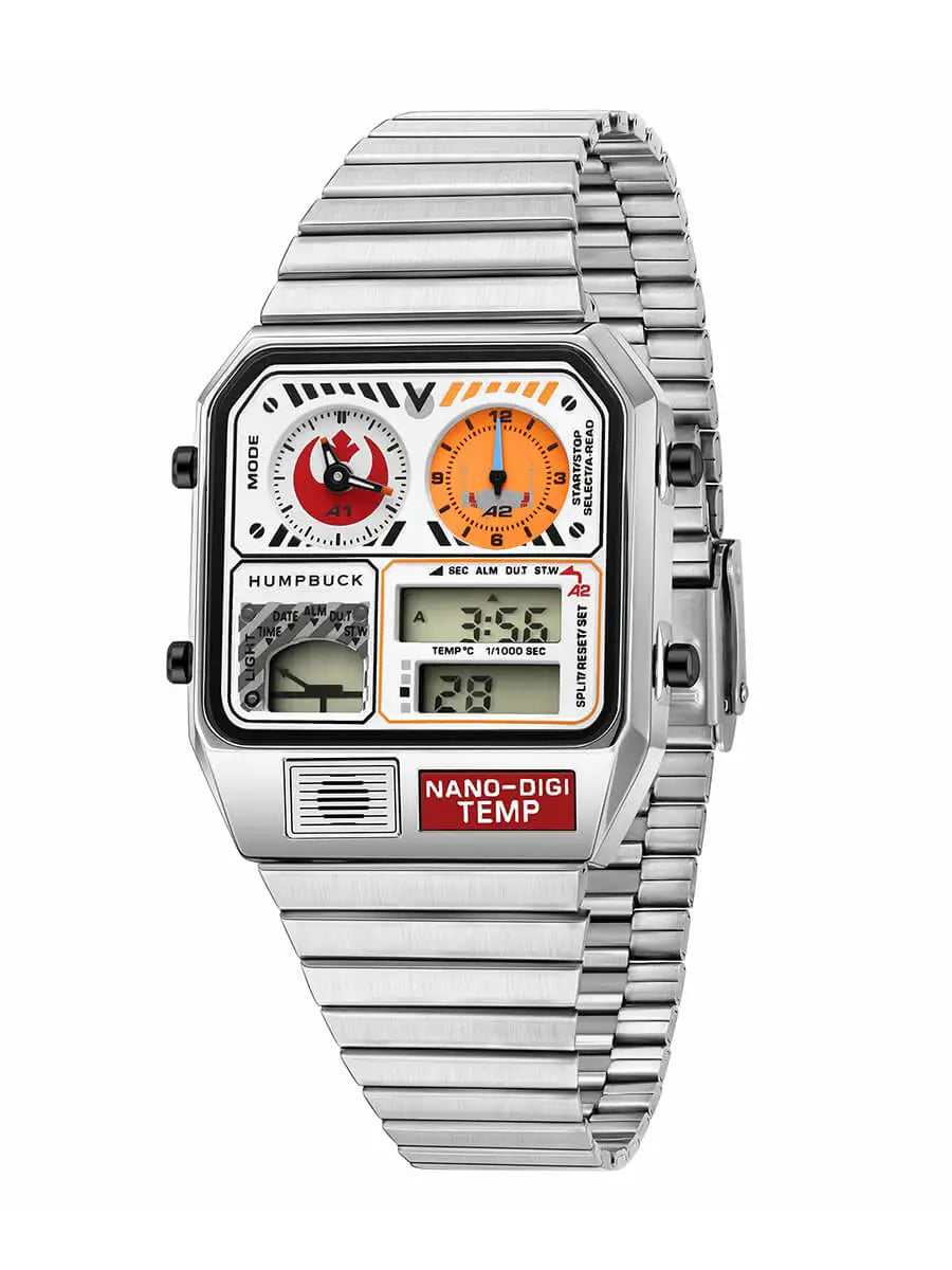 Silver digital watch with a detailed face on a white background