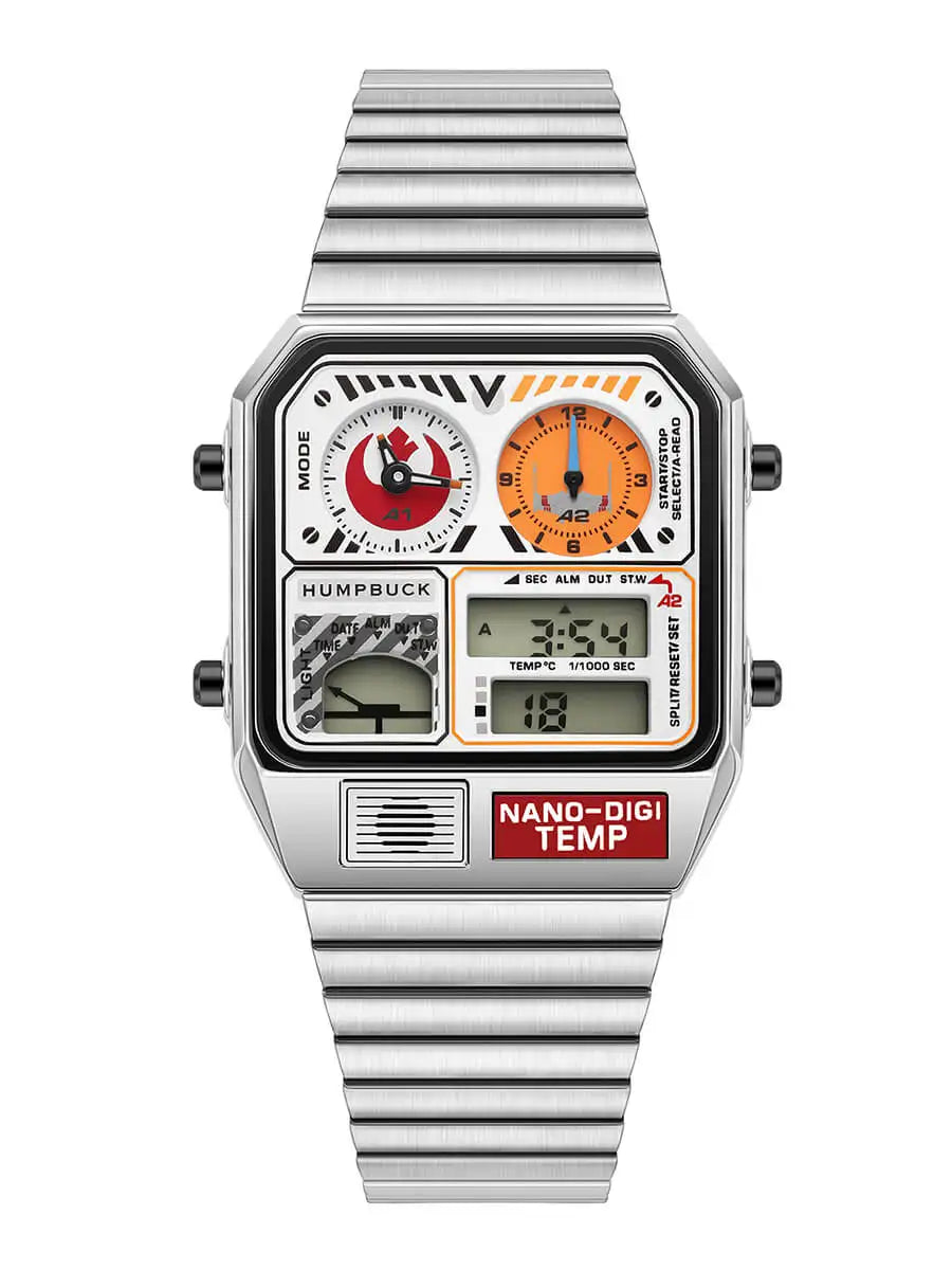 Digital watch with a silver band and colorful display on a white background