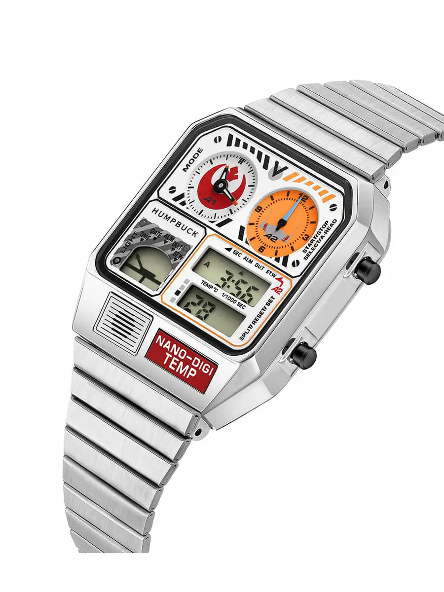 Silver digital watch with a white face on a white background