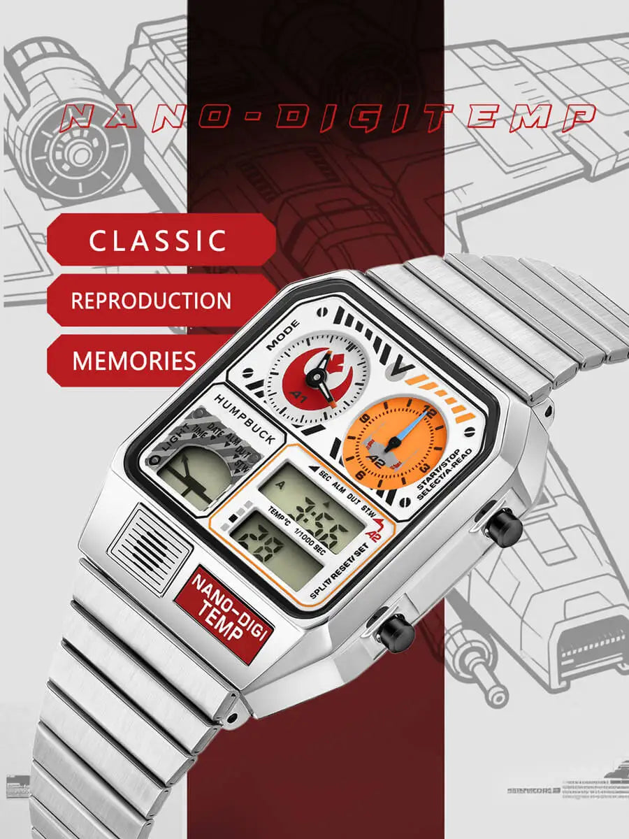 Vintage-style digital watch with retro design elements on a red and gray background.