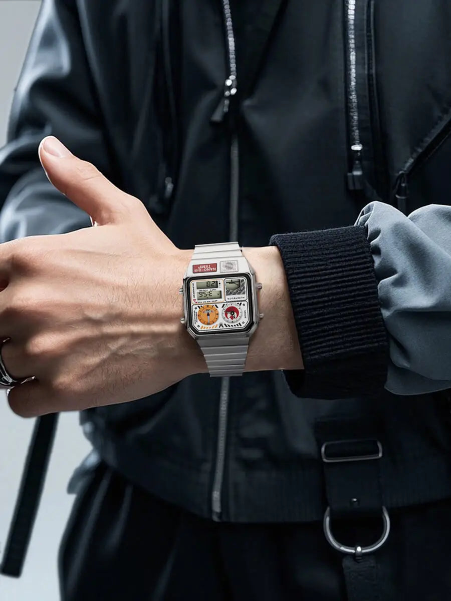 Person wearing a silver digital watch with a colorful display on a plain background