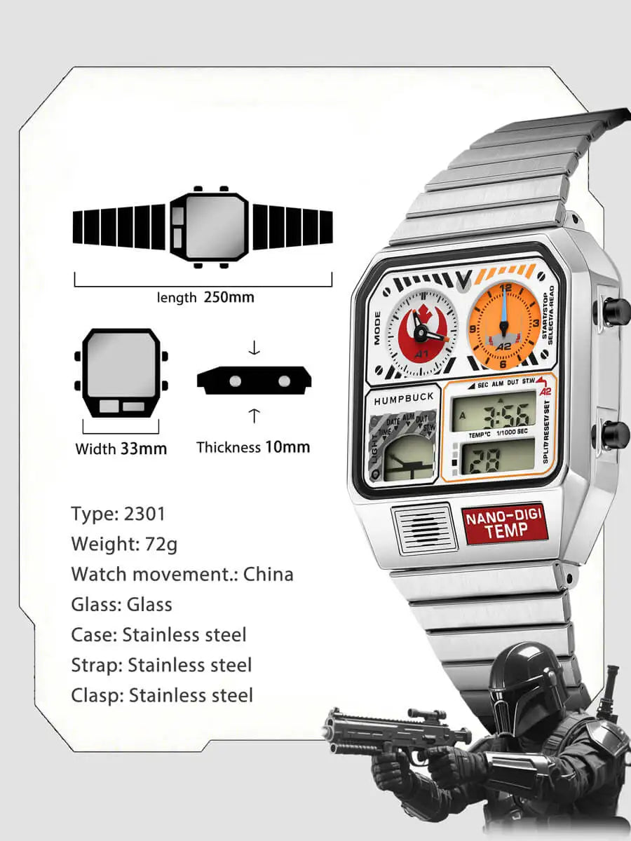 Digital watch with detailed specifications on a white background