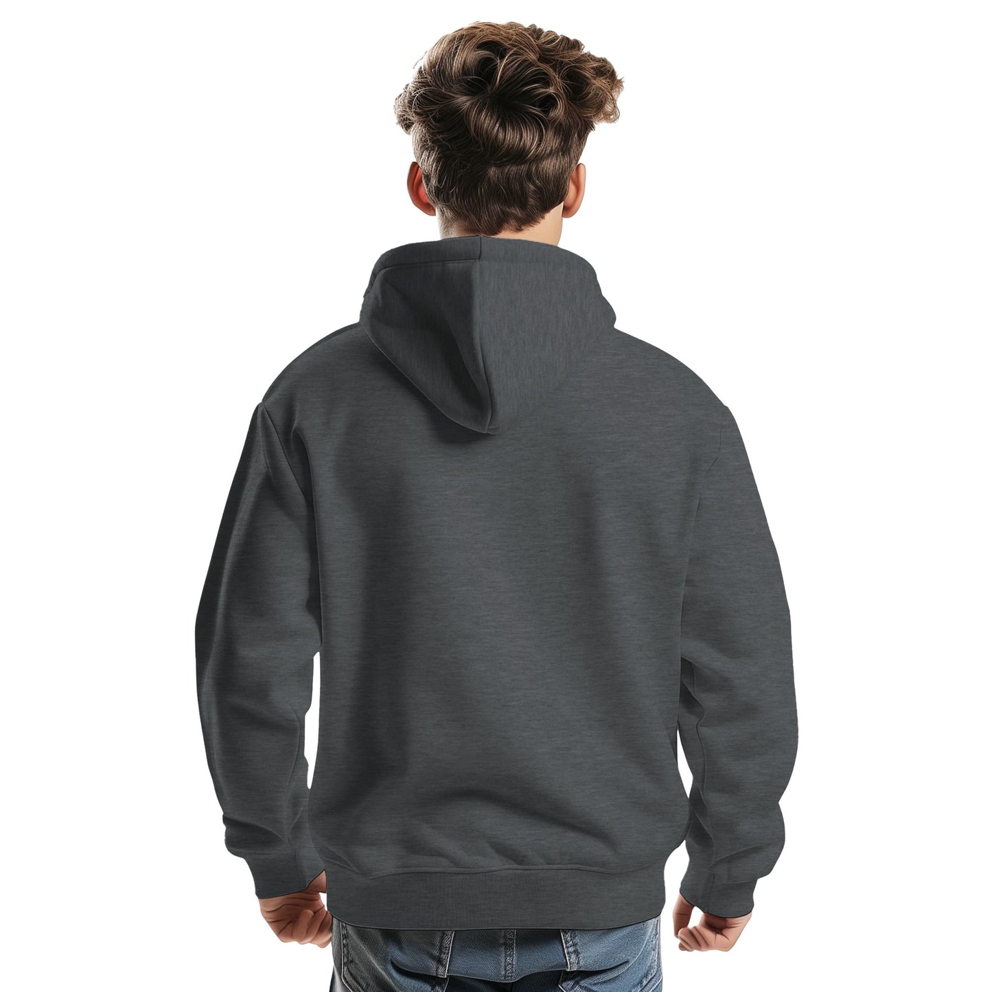 Person wearing a gray hoodie from behind on a white background