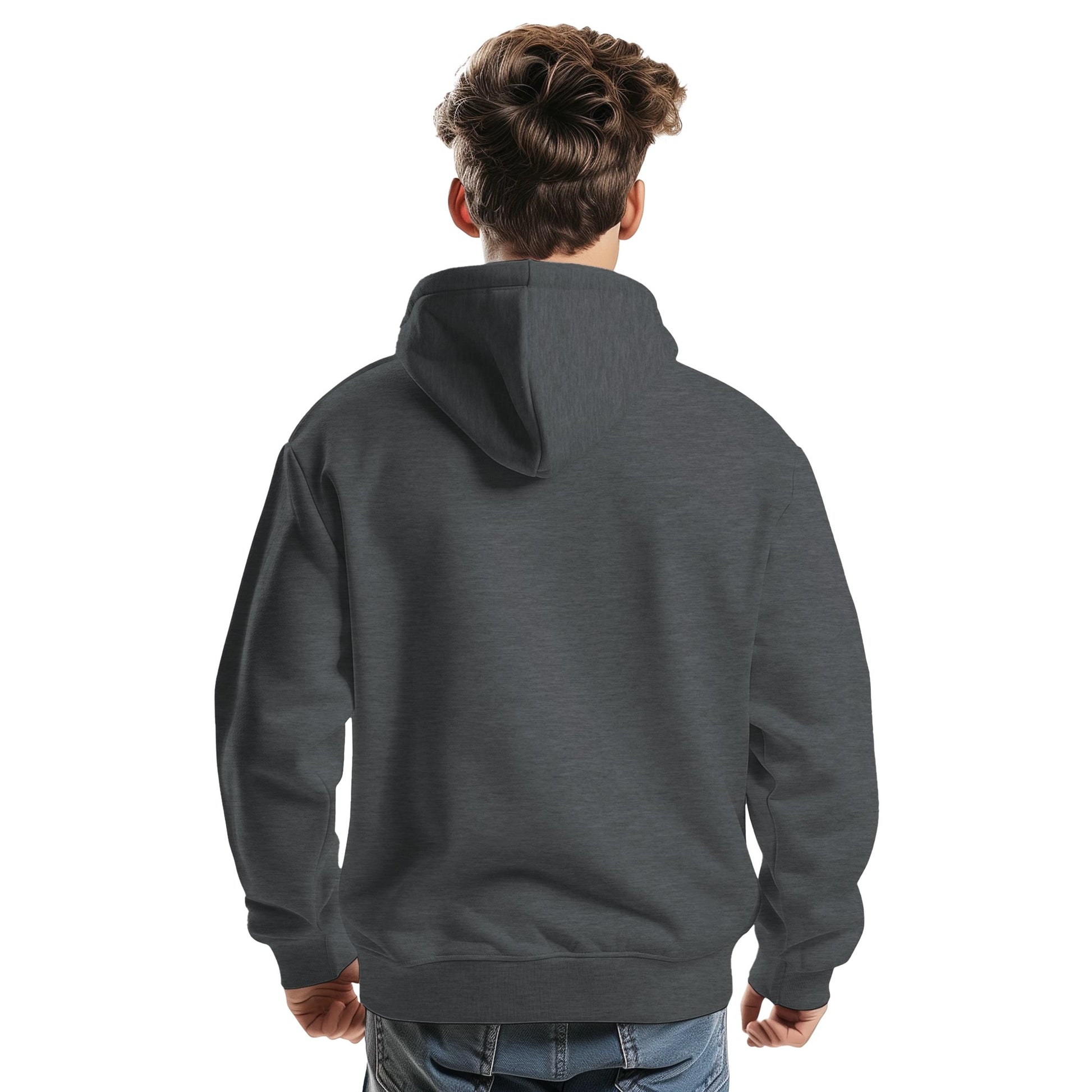 Person wearing a gray hoodie from behind on a white background