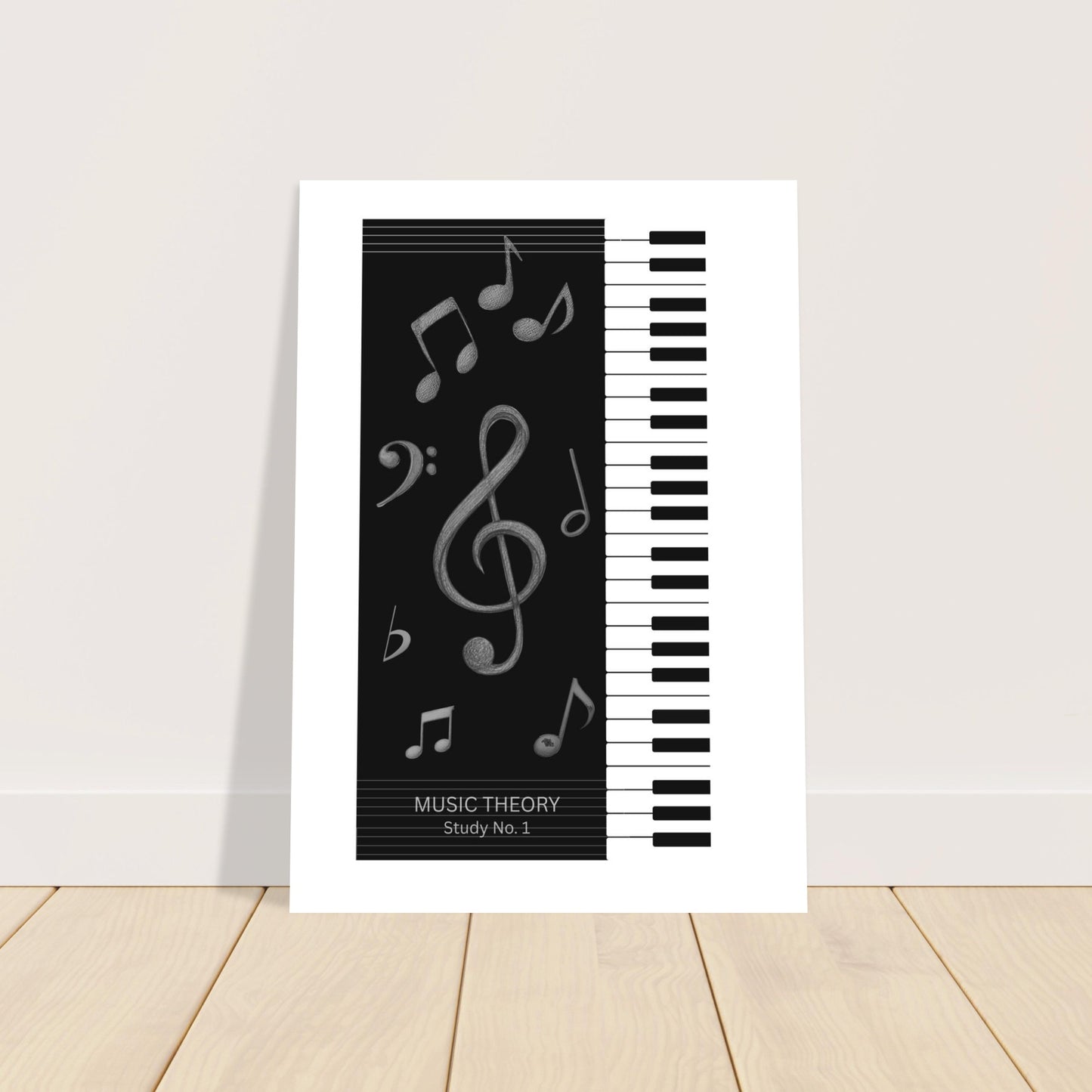 Poster with music theory design featuring musical notes and a keyboard on a white background.