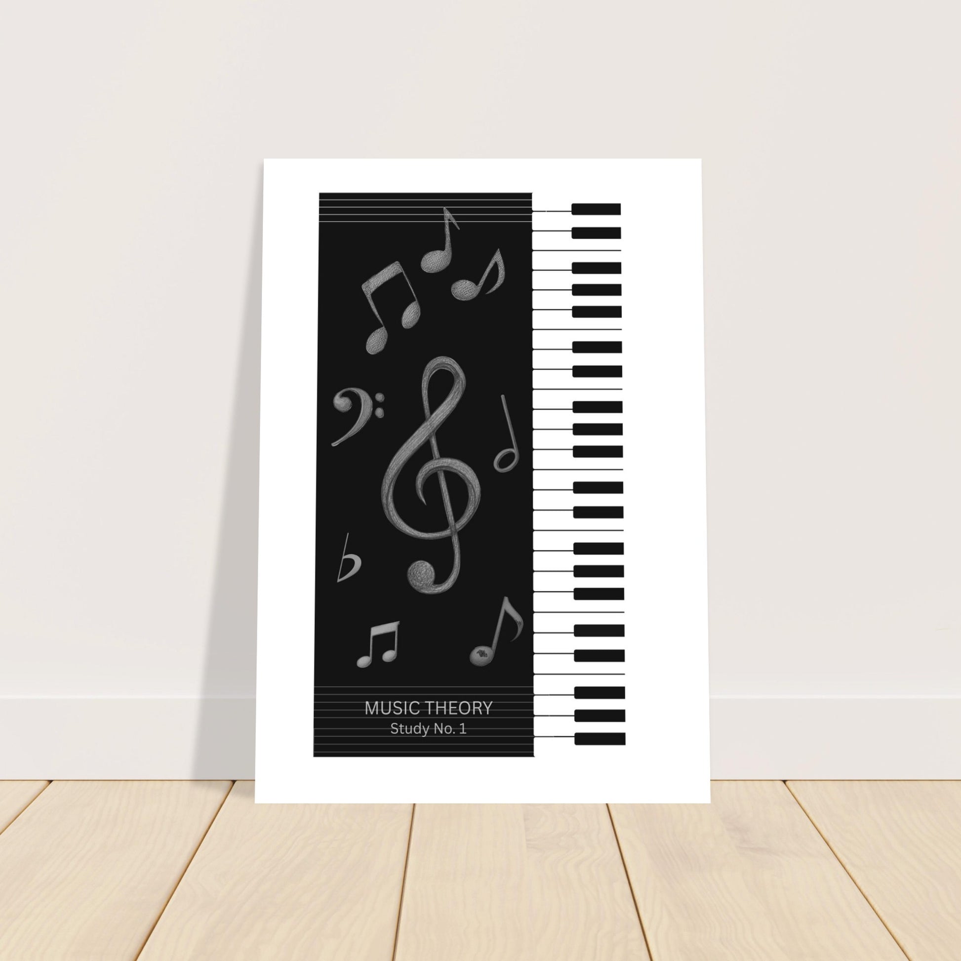 Poster with music theory design featuring musical notes and a keyboard on a white background.