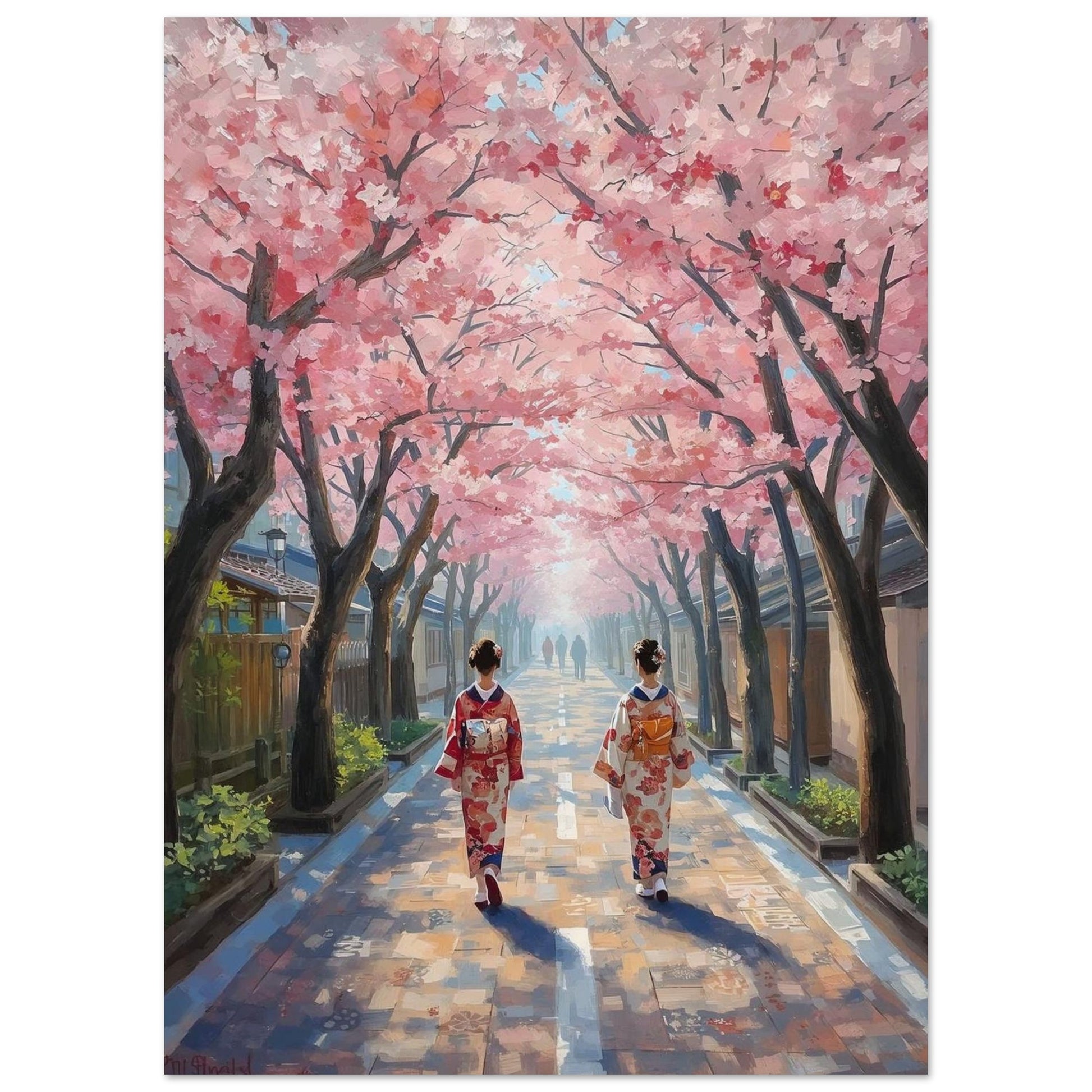 Poster of Two women in traditional Japanese kimono walking under cherry blossom trees.
