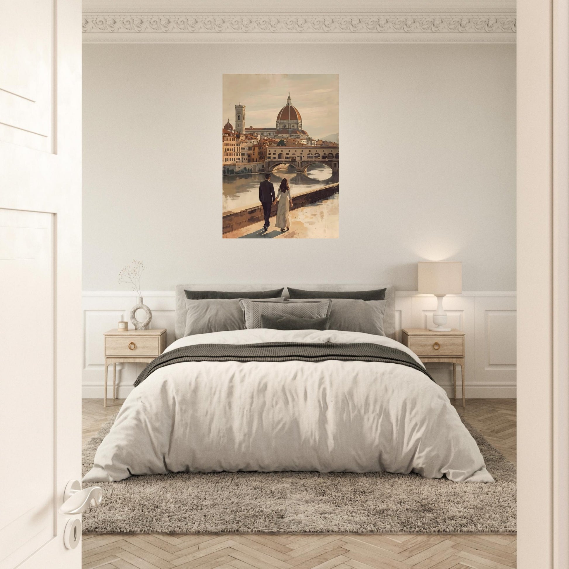 Romantic Florence wall art featuring a couple by the Arno River with the Duomo and Ponte Vecchio in warm vintage tones. Elegant Italian city decor.