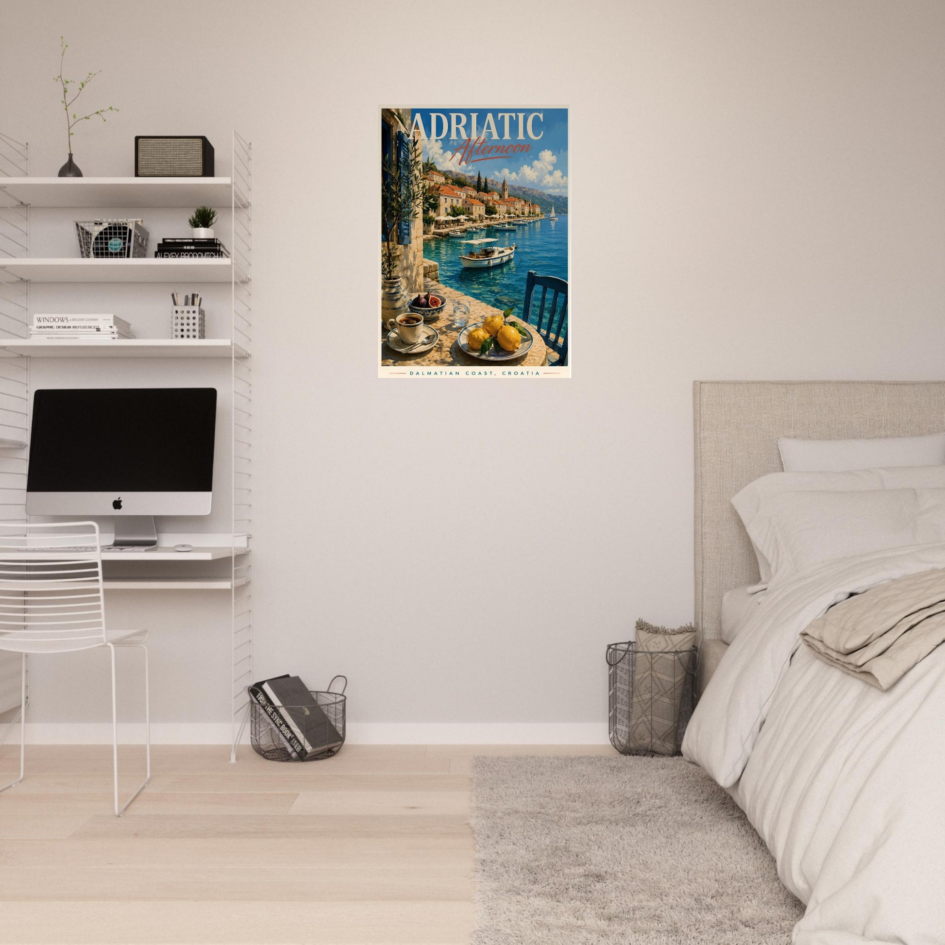 Croatia wall art featuring turquoise waters and a Mediterranean harbour displayed in a bedroom