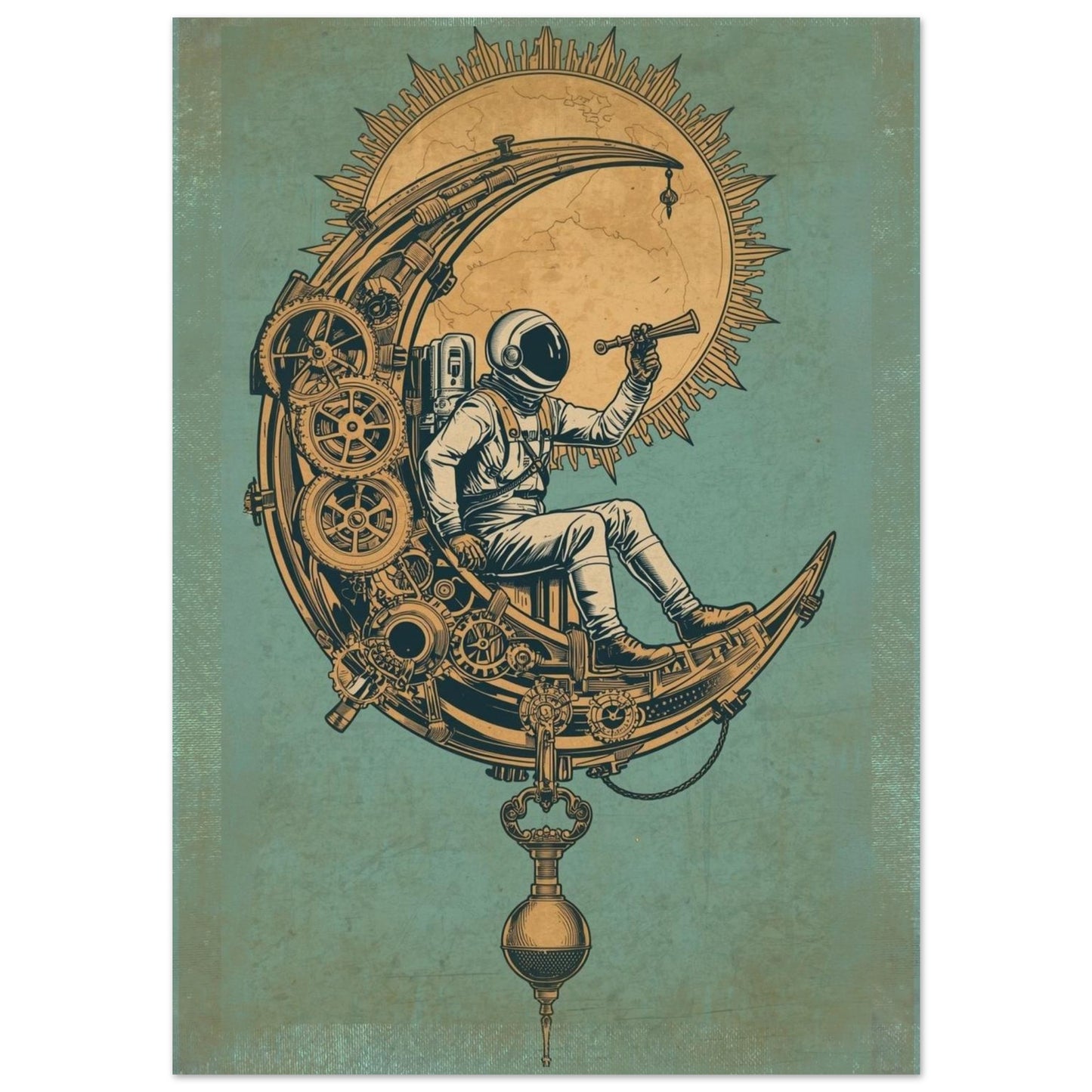 Steampunk astronaut wall art featuring an astronaut sitting on a mechanical crescent moon with gears and a celestial sun on a vintage teal background.