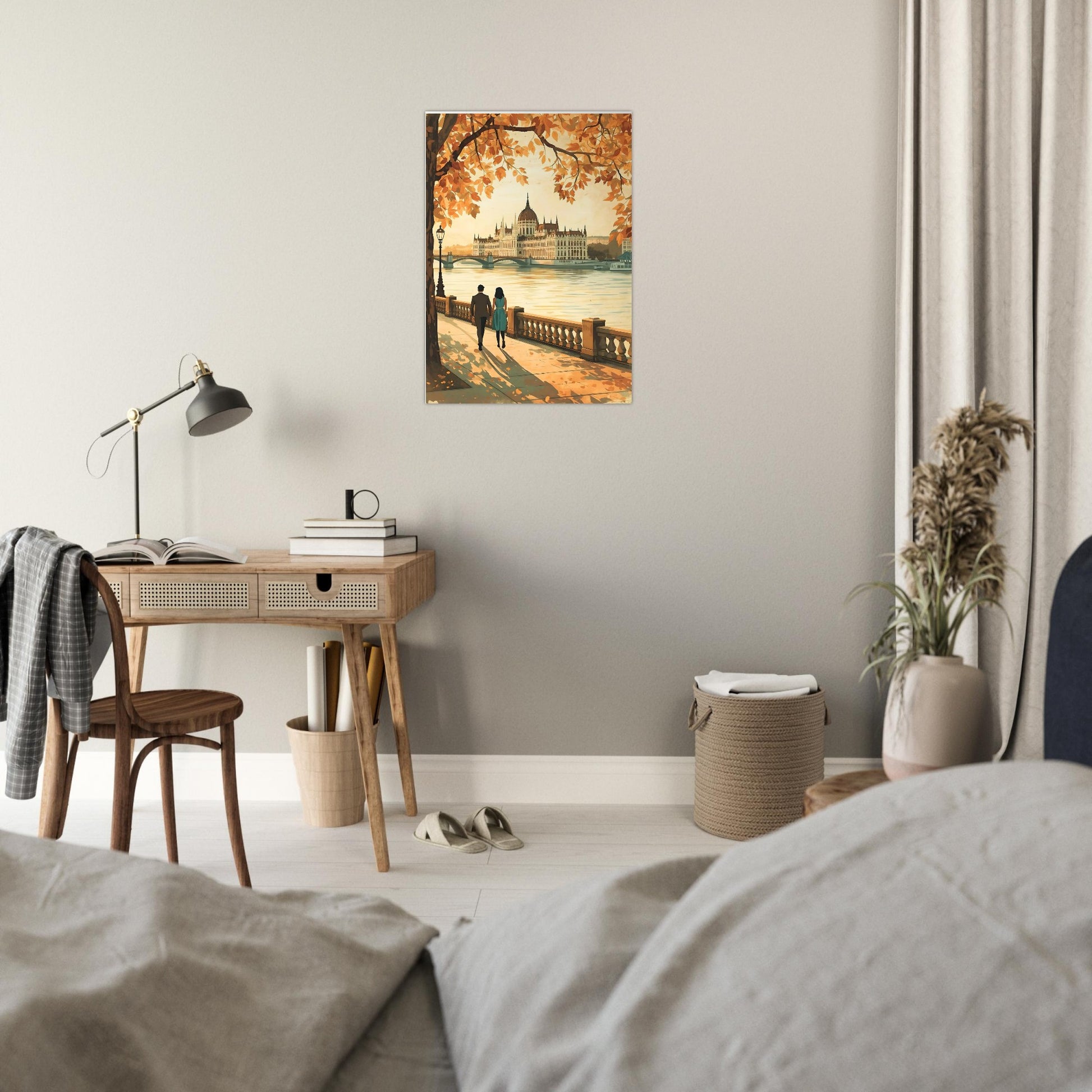 Hungarian Parliament wall art in modern neutral bedroom setting