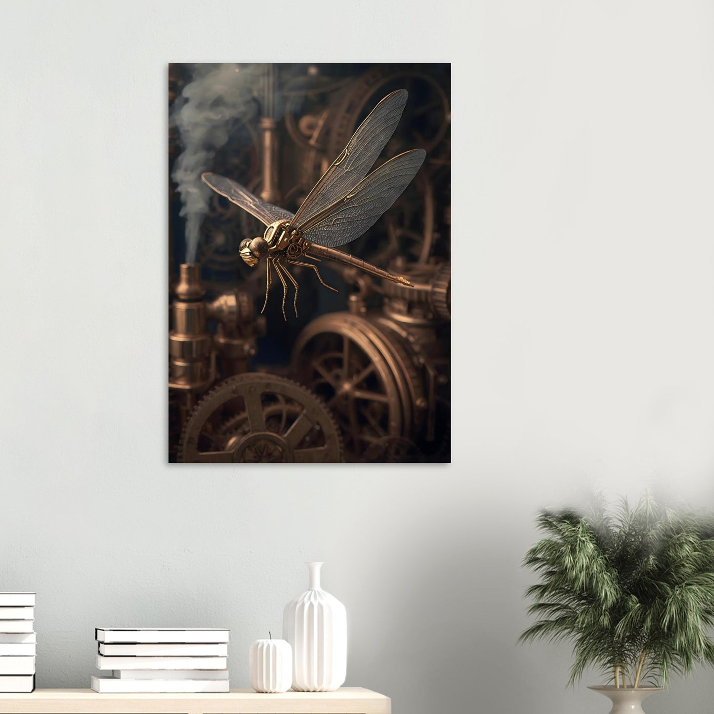 Steampunk-themed artwork with a dragonfly and gears on a wall above a shelf.