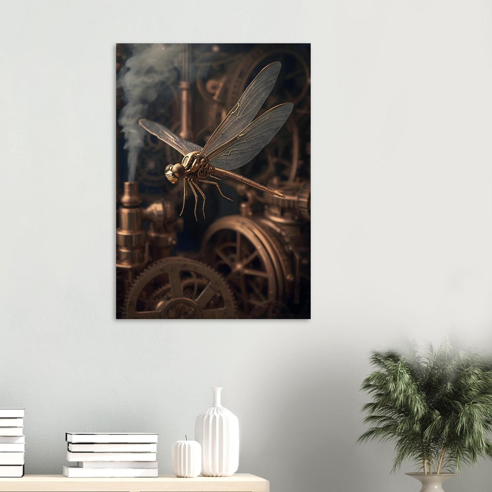 Steampunk-themed artwork with a dragonfly and gears on a wall above a shelf.