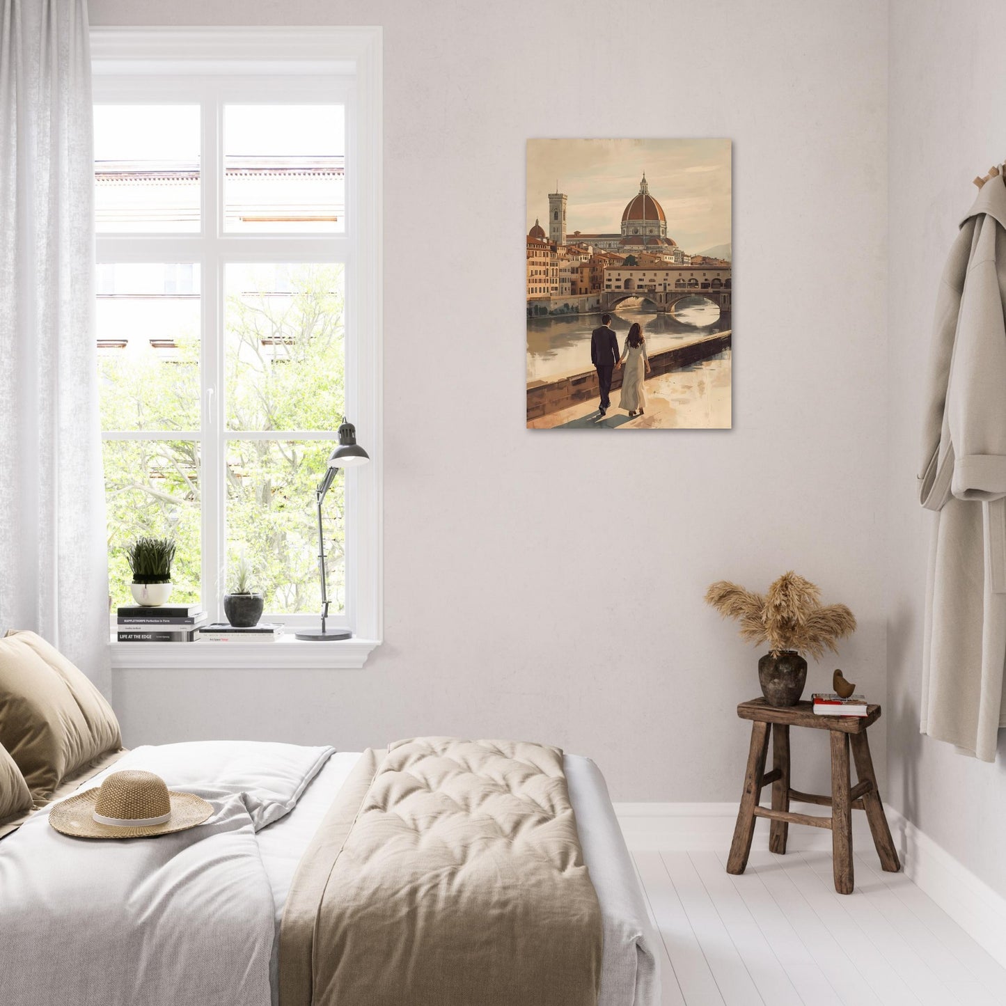 Romantic Florence wall art featuring a couple by the Arno River with the Duomo and Ponte Vecchio in warm vintage tones. Elegant Italian city decor.