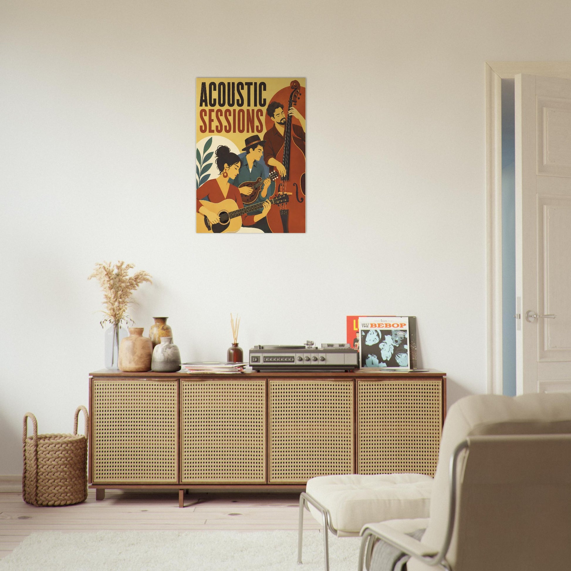Acoustic Sessions vintage music poster displayed above a wooden sideboard in a neutral modern living room.
