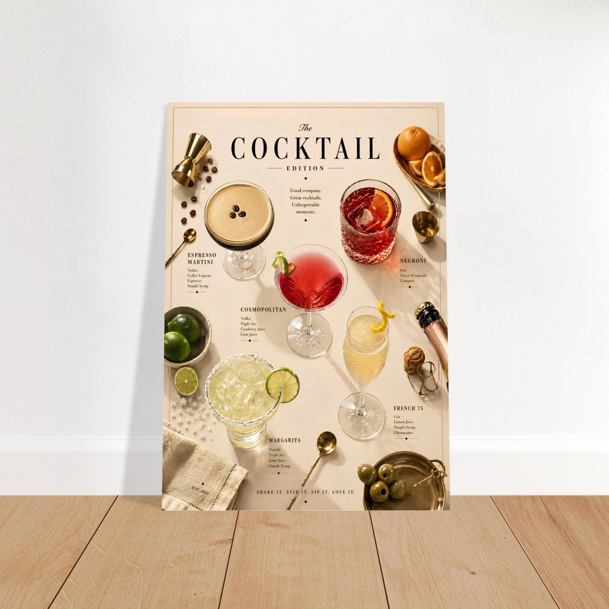 Cocktail-themed poster on a white wall with wooden floor.