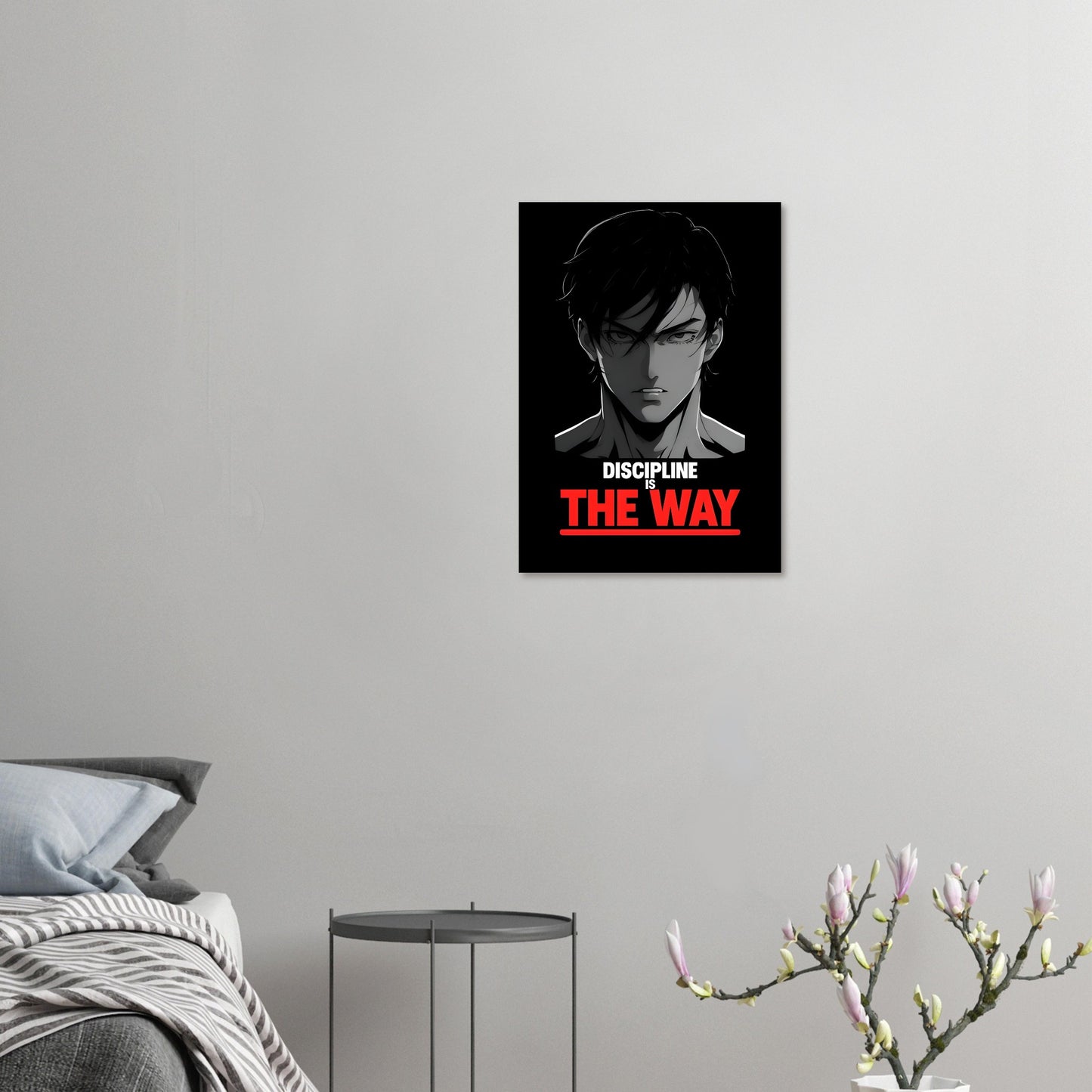 Poster with an anime character and text 'Discipline The Way' on a gray wall above a bed.