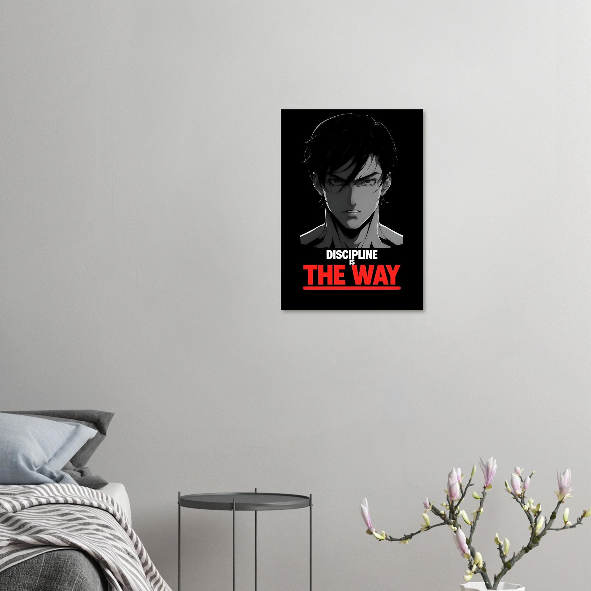Poster with an anime character and text 'Discipline The Way' on a gray wall above a bed.