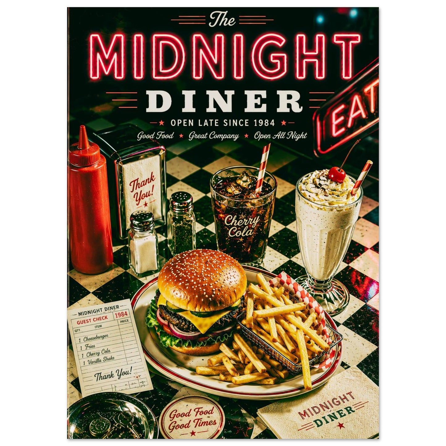 Vintage Americana wall art featuring classic diner food, checkerboard décor and nostalgic neon lighting