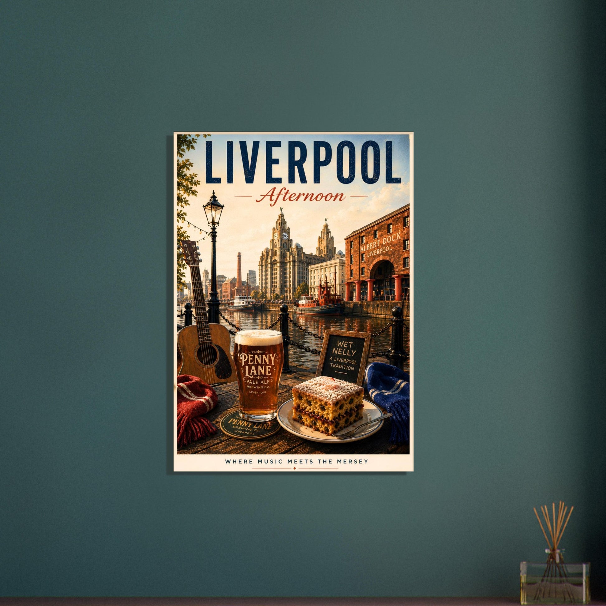 Liverpool Afternoon wall print displayed on a dark green wall, capturing the atmosphere of Liverpool's famous waterfront district.