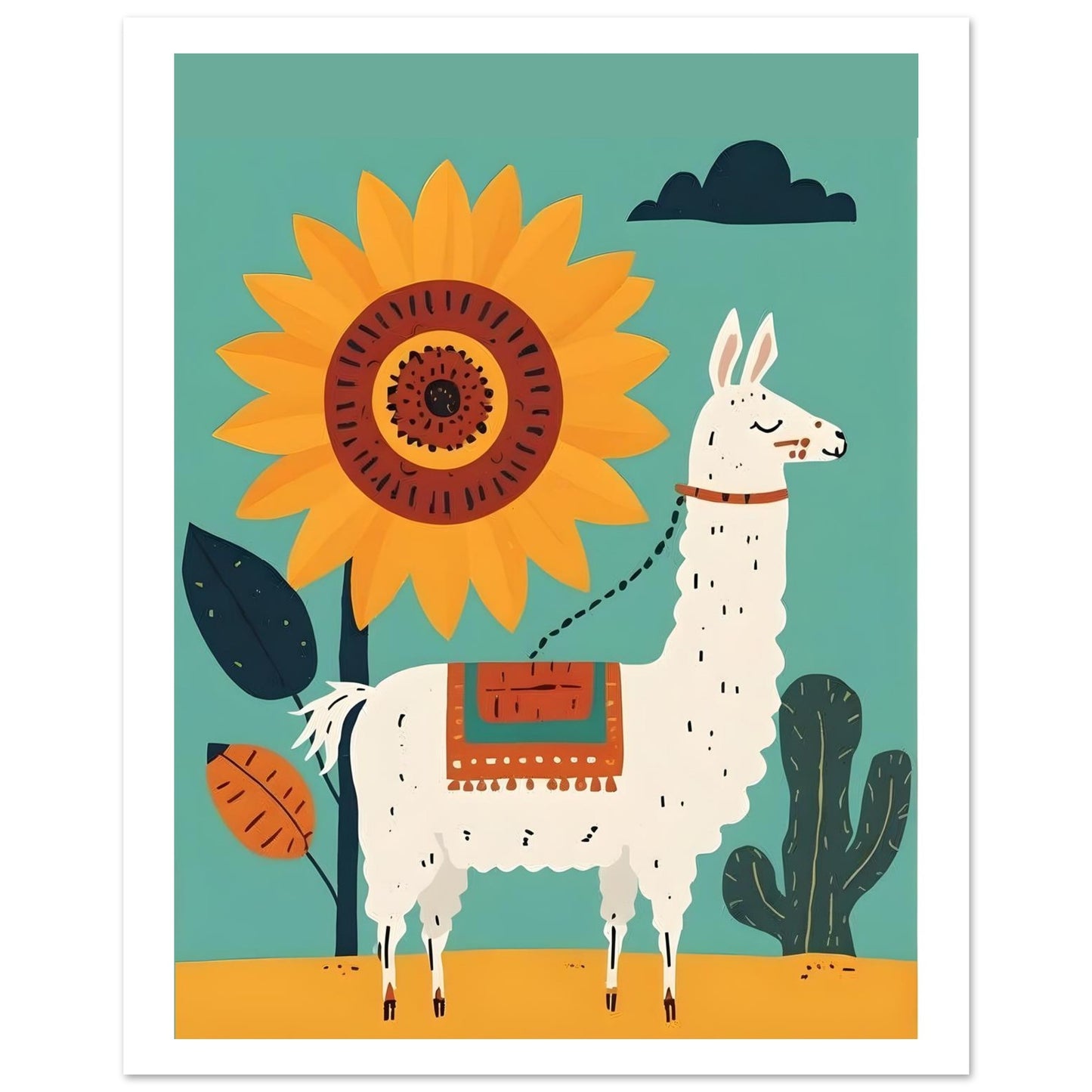 Whimsical Llama Folk Art Poster - Boho Wall Decor - Modern Mid-Century Colors