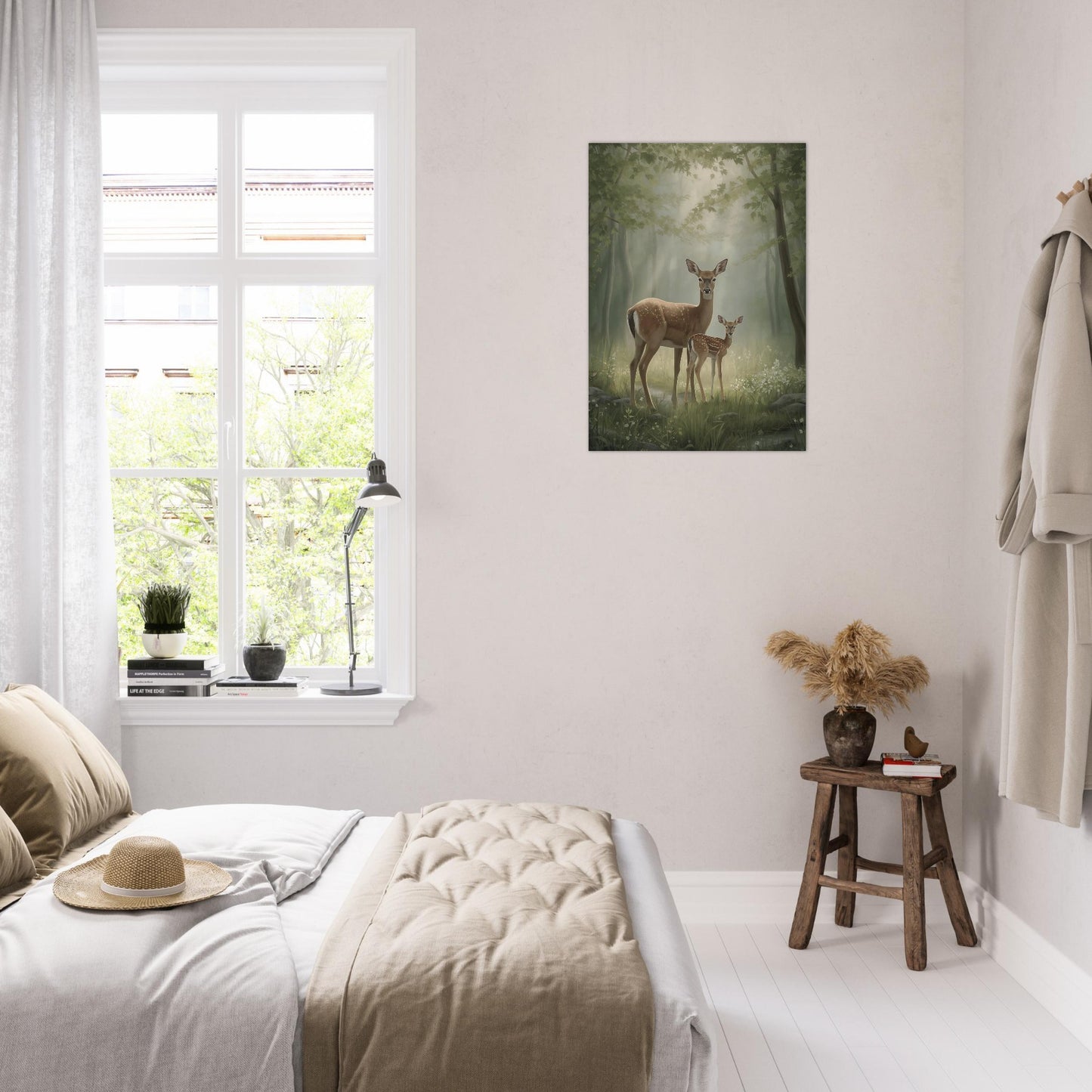 Room interior with a painting of deer in a forest on the wall.