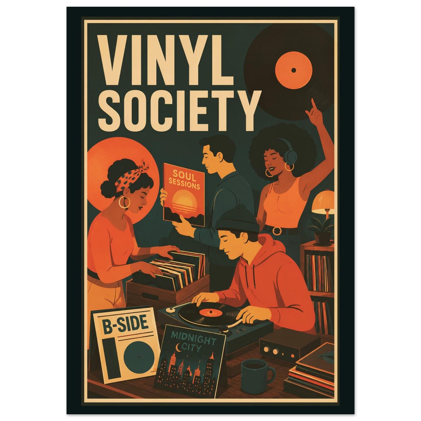 A retro-style poster or art print with the words “VINYL SOCIETY” at the top, showing illustrated people gathered around turntables and records in warm orange, cream, and dark teal tones.