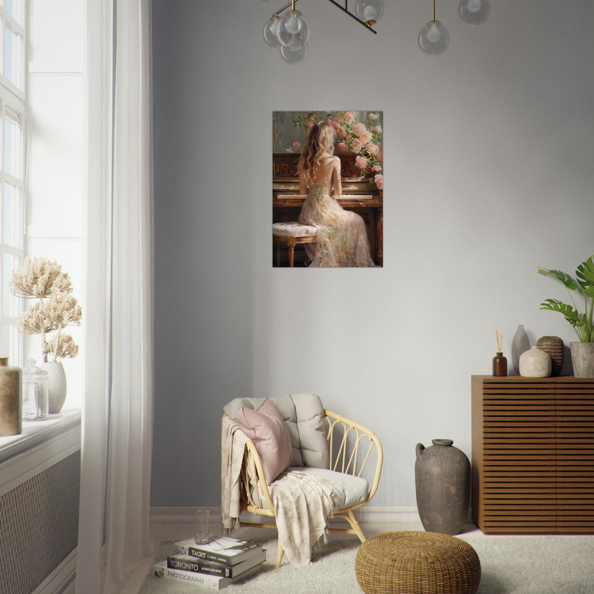 Living room with a painting of a woman at a piano on the wall, a chair with a blanket, and decorative items.