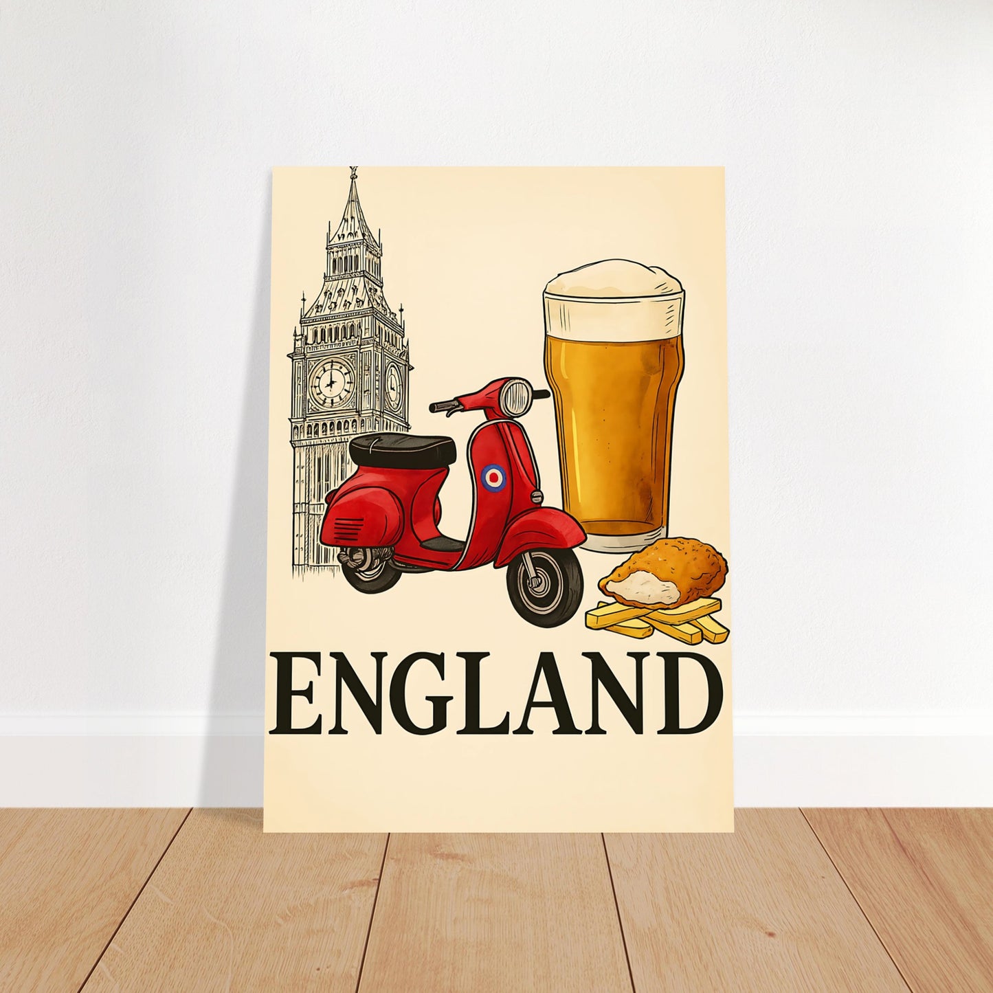 Classic England Poster - Vespa, Big Ben & Beer - British Retro Decor