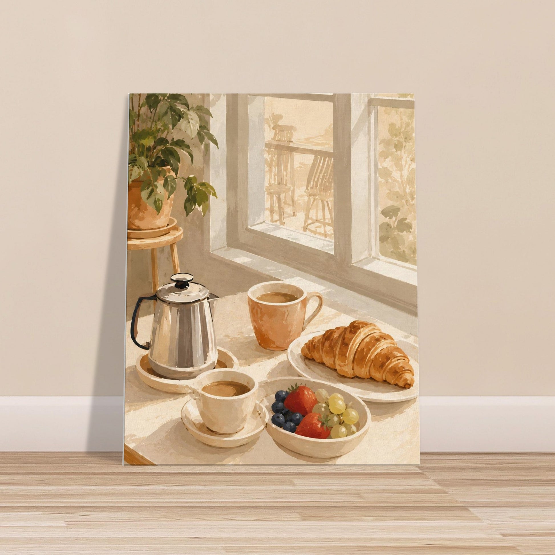 Canvas Print of a breakfast scene with coffee, croissant, and fruit on a table by a window.