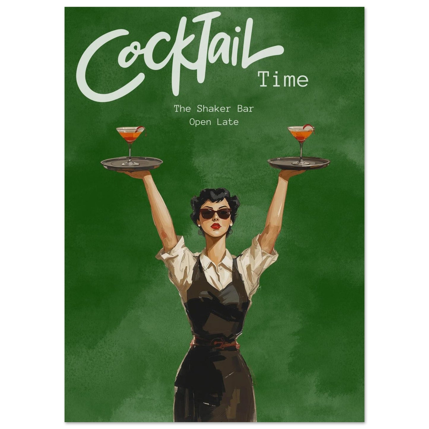 Vintage-style poster with a woman holding cocktail trays against a green background