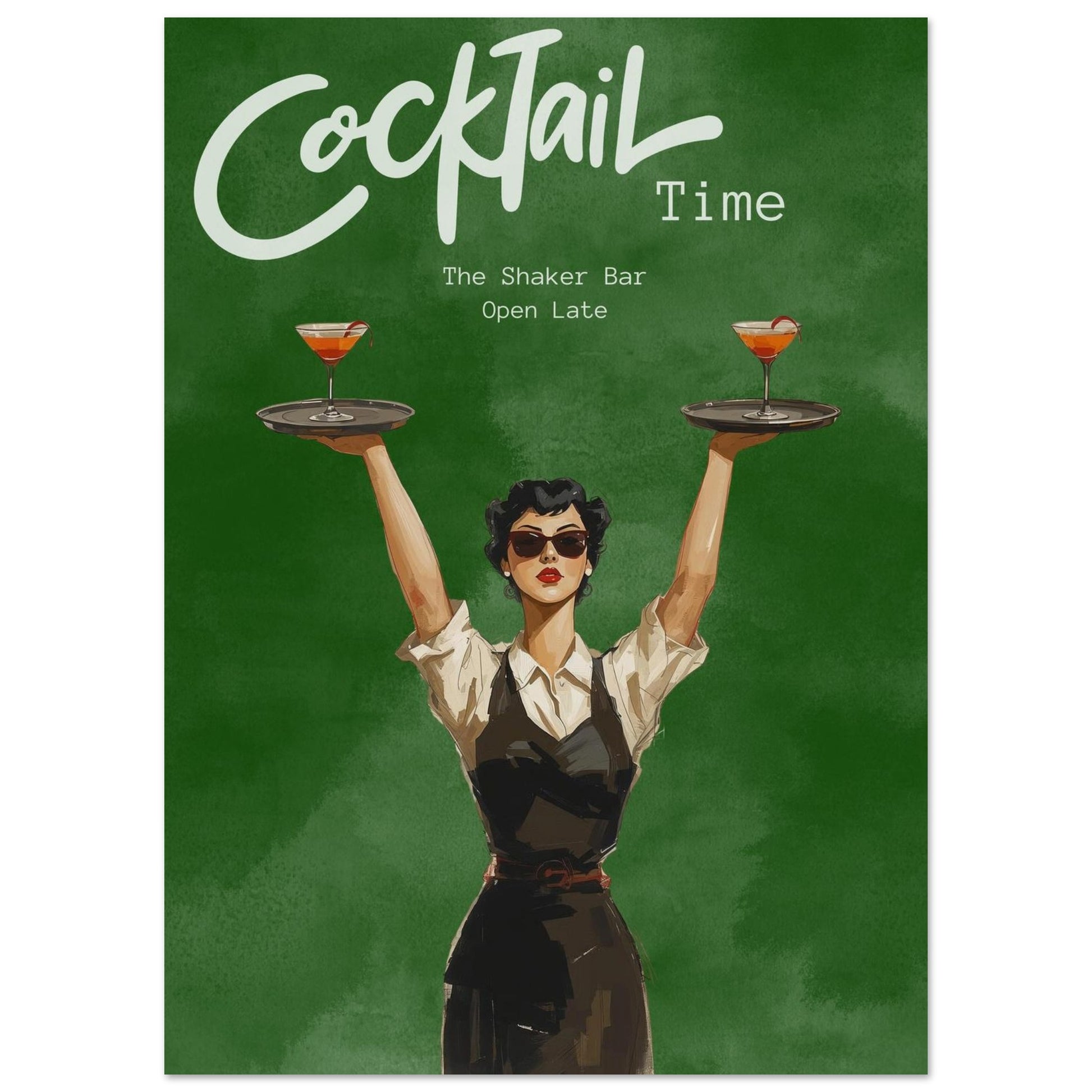 Vintage-style poster with a woman holding cocktail trays against a green background