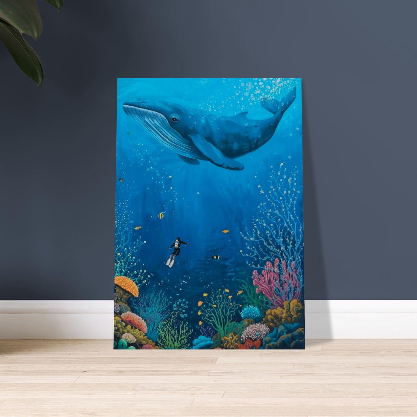 Underwater scene with a whale and diver on a wall poster