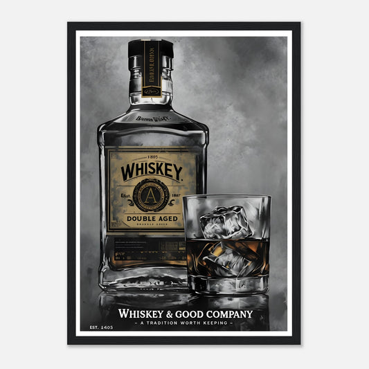 Elegant Noir Whiskey Bottle & Glass Framed Poster 