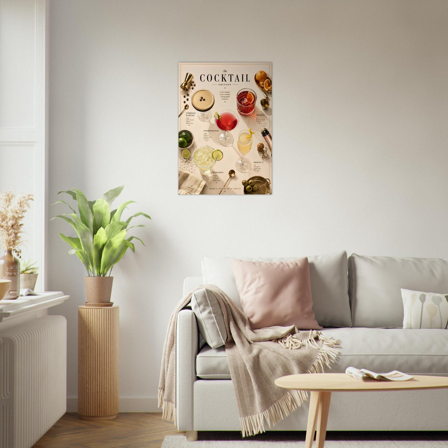 Cocktail Edition Poster displayed in a cosy living room featuring luxury home bar artwork and editorial styling.