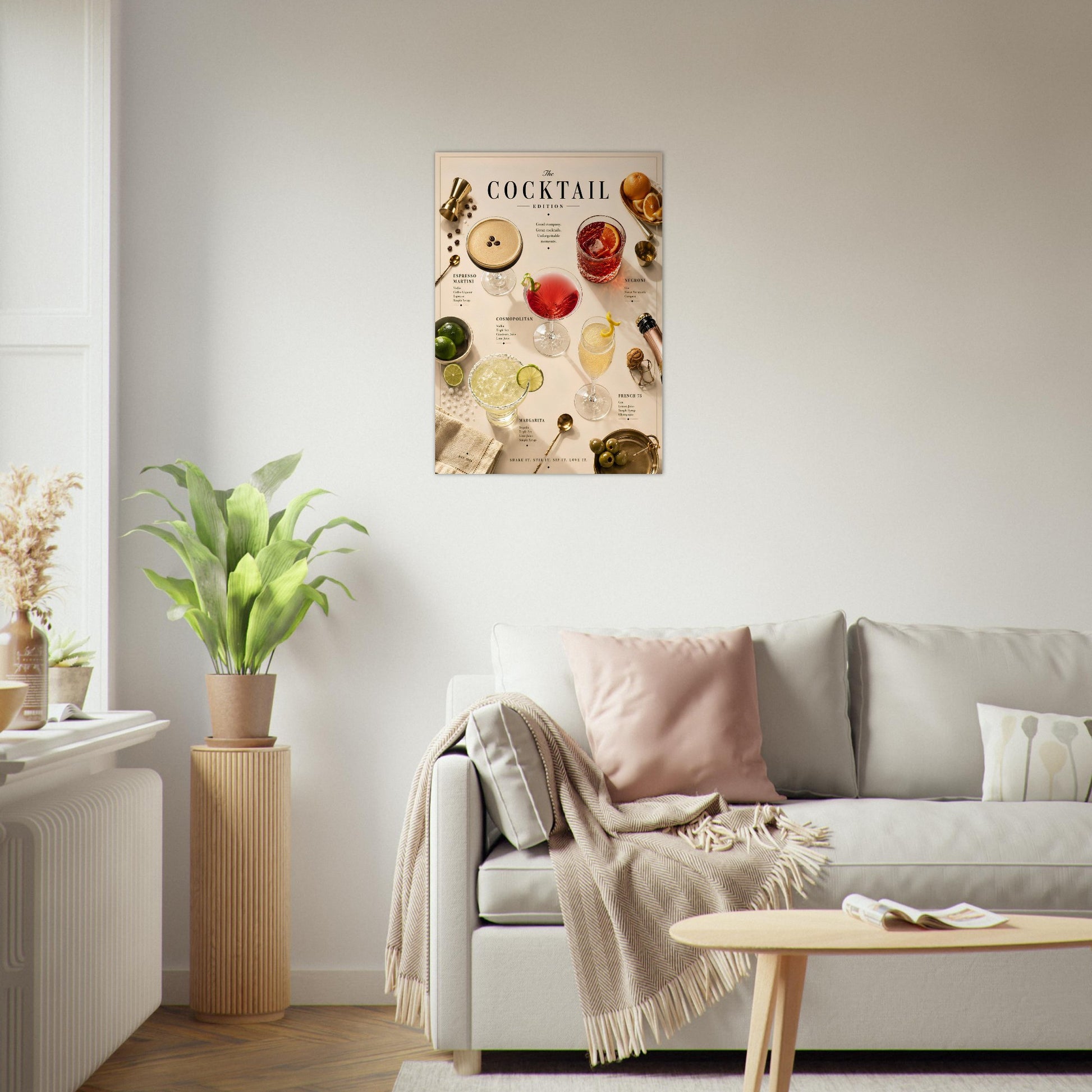 Cocktail Edition Poster displayed in a cosy living room featuring luxury home bar artwork and editorial styling.