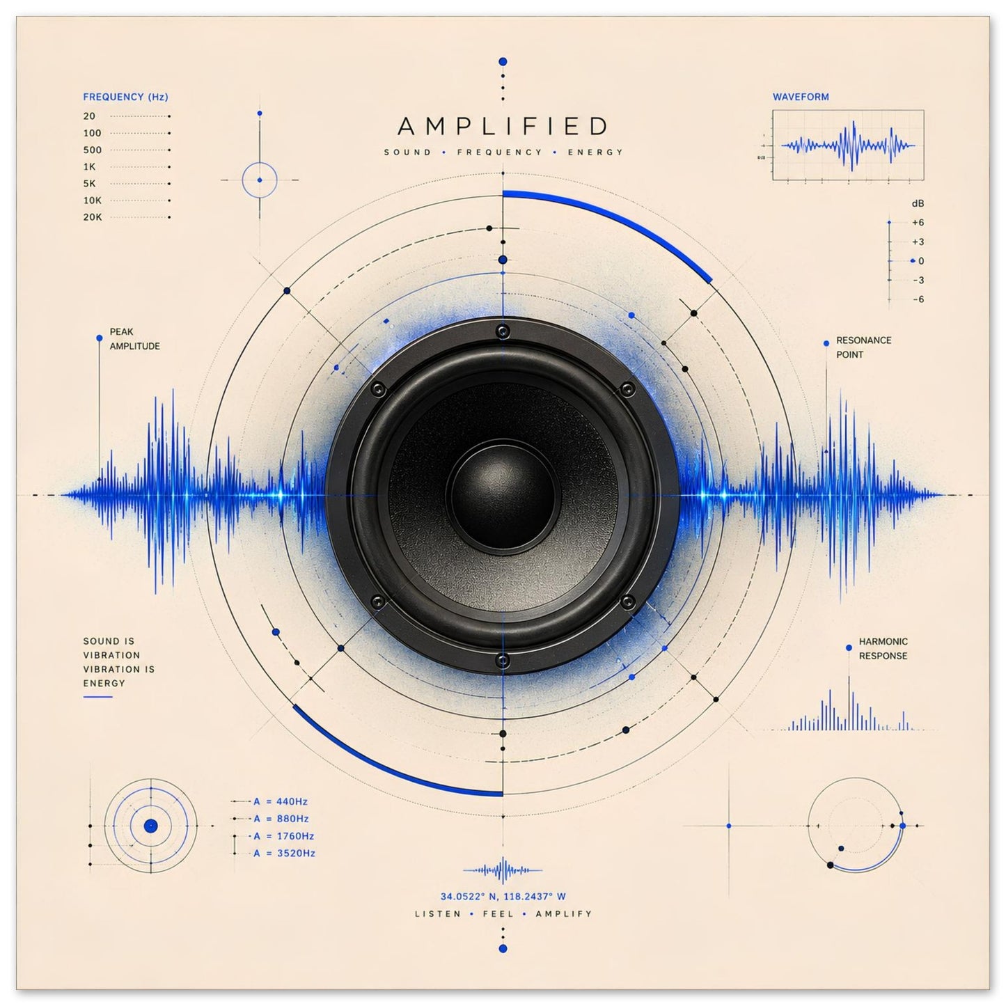 Close-up of the Amplified minimalist speaker poster featuring electric blue sound waves, frequency diagrams and geometric acoustic design.