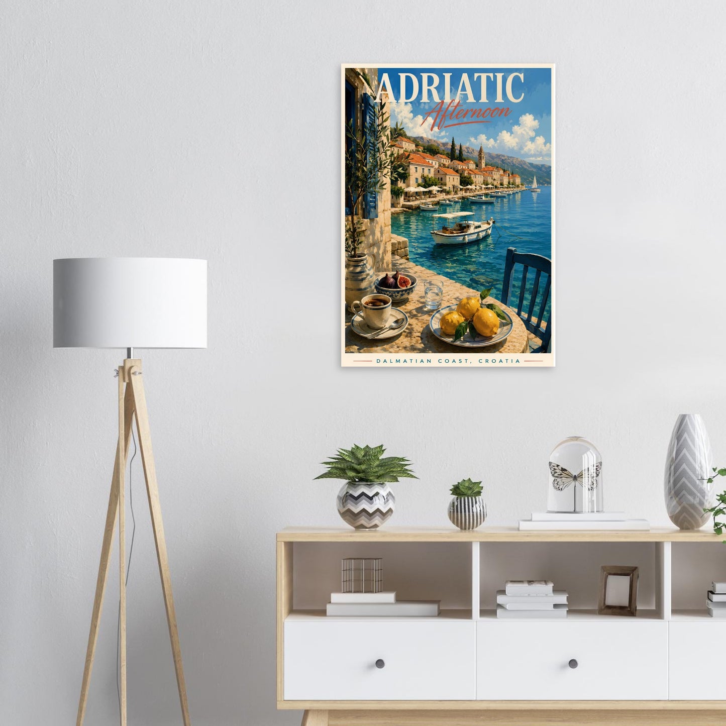 Adriatic harbour print displayed above a sideboard in a modern living space