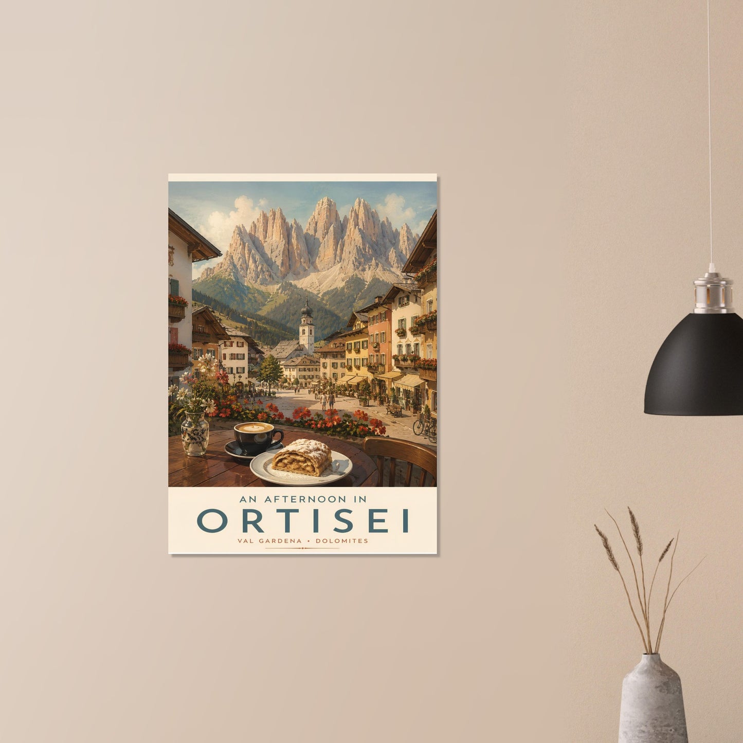 Ortisei travel poster hanging in a contemporary hallway, capturing the beauty of the Italian Alps with colourful village buildings and towering peaks.