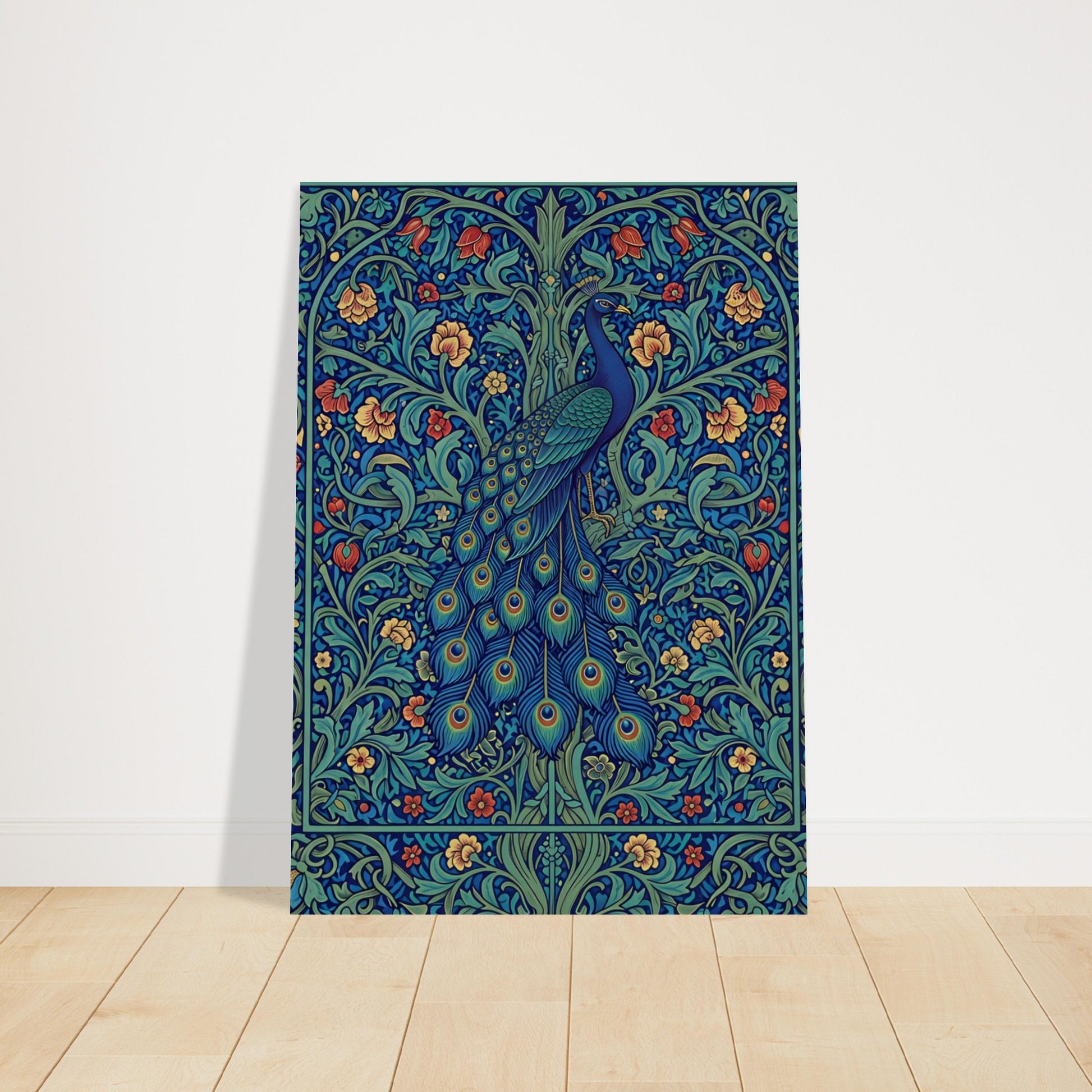 The Enchanted Peacock botanical art print displayed against a simple neutral wall and light wooden floor.