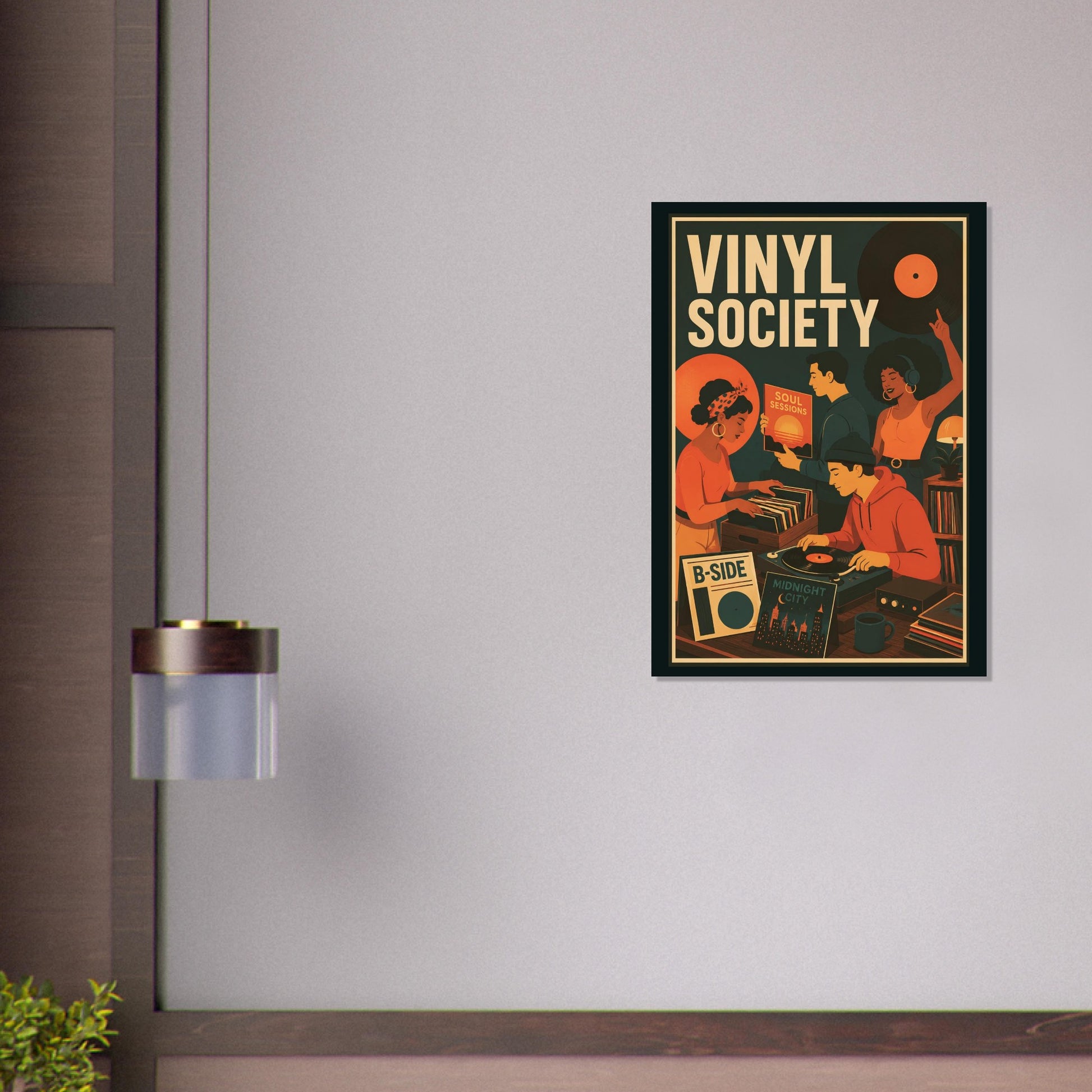 A framed retro-style poster reading 'VINYL SOCIETY' hangs on a light gray wall in a real interior setting, next to a wall lamp and above a wooden surface.