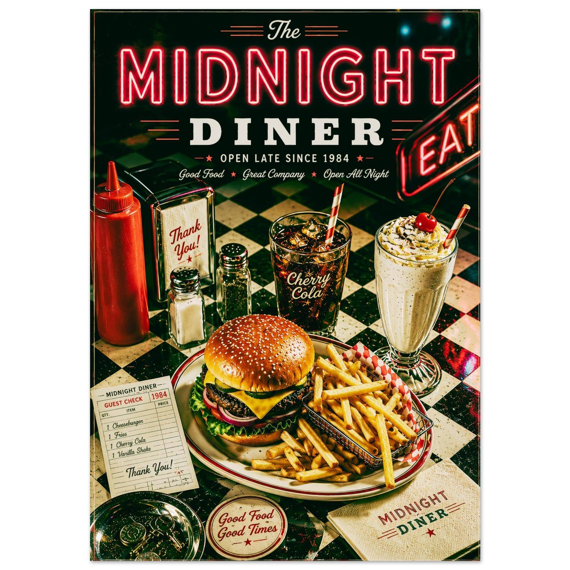 Vintage Americana wall art featuring classic diner food, checkerboard décor and nostalgic neon lighting
